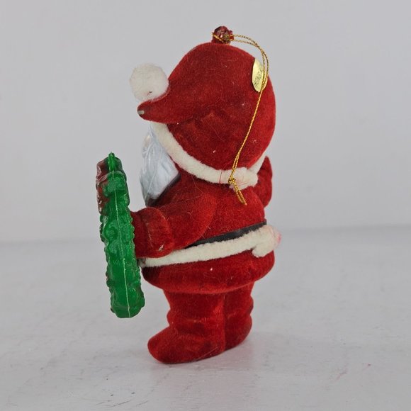 Vintage Flocked Santa Claus Holding Wreath Ornament Christmas Hong Kong - Picture 6 of 9